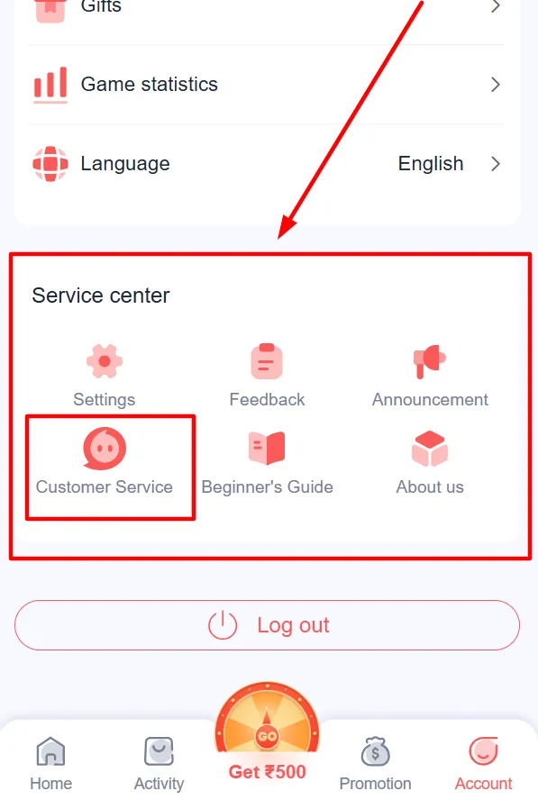 Account settings showing Customer Service